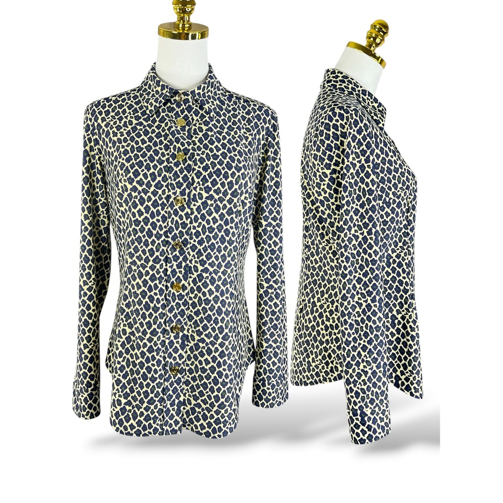 Jude Connally Navy Green Leopard Print Jude Cloth Button Down Shirt Small 301364